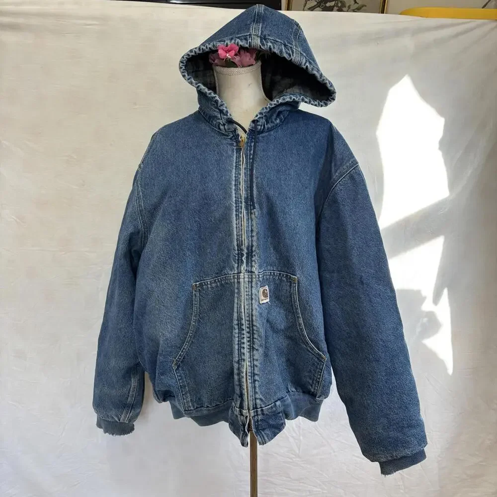 Vtg 2003 Carhartt denim hooded flannel lined jacket - Picture 1 of 12